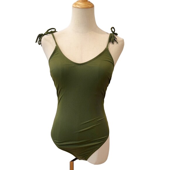 California Sunshine Green Ribbed Swimsuit Tassel Straps One Piece Small - Picture 1 of 9